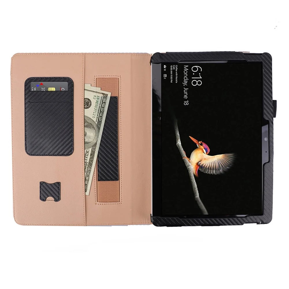 For Microsoft Surface Go 2/3 Carbon Fiber Texture PU Leather Folding Stand Case Card Slots Design Tablet Shell Cover with Hand Band and Pencil Holder - Black - 3