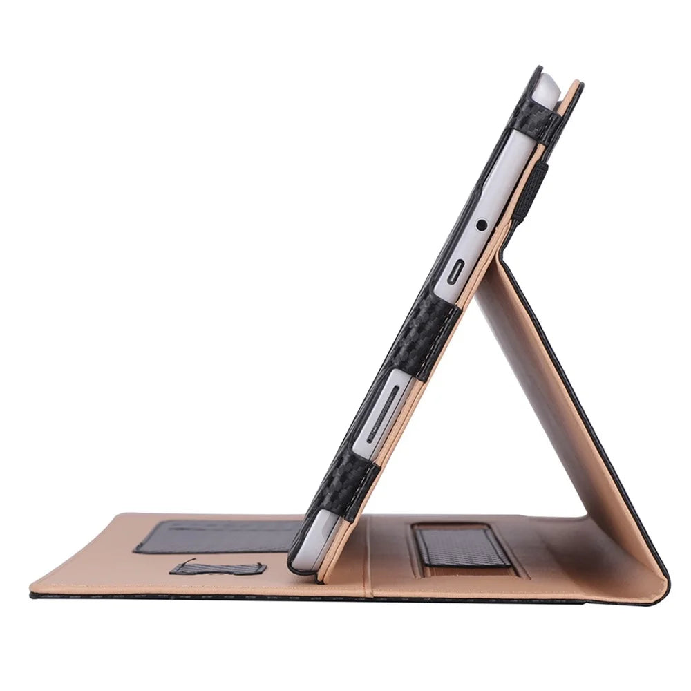 For Microsoft Surface Go 2/3 Carbon Fiber Texture PU Leather Folding Stand Case Card Slots Design Tablet Shell Cover with Hand Band and Pencil Holder - Black - 4