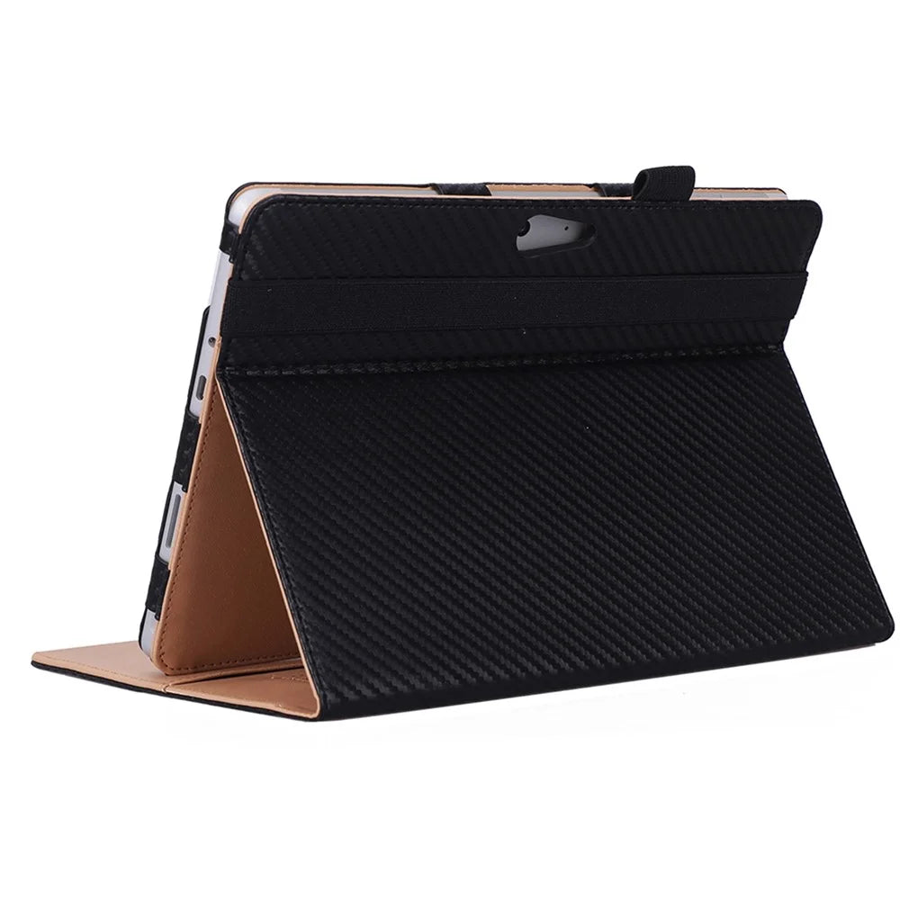 For Microsoft Surface Go 2/3 Carbon Fiber Texture PU Leather Folding Stand Case Card Slots Design Tablet Shell Cover with Hand Band and Pencil Holder - Black - 5