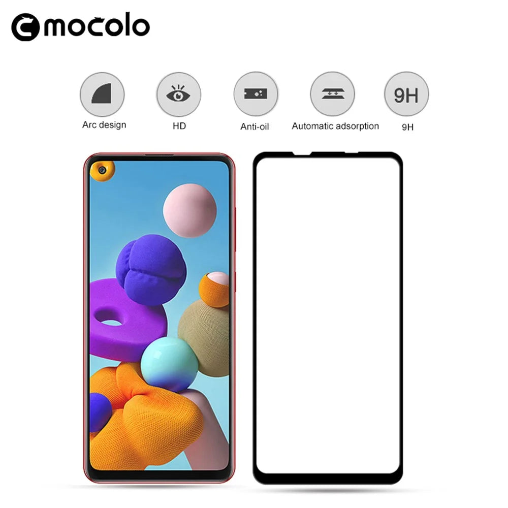 MOCOLO Silk Printing Tempered Glass Film for Samsung Galaxy A21s, HD Clear Full Size Full Glue Double Defense Anti-explosion Screen Protector - Black - 2