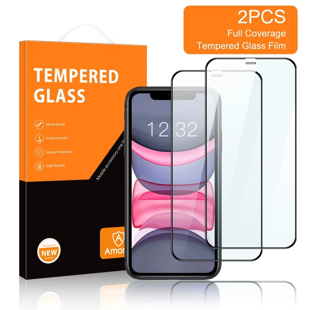 AMORUS 2Pcs Clear Full Glue Secondary Hardening Anti-explosion Silk Printing Full Size Tempered Glass Screen Protector for iPhone 11 6.1 inch - Black - 2