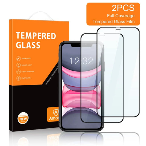 AMORUS 2Pcs Clear Full Glue Secondary Hardening Anti-explosion Silk Printing Full Size Tempered Glass Screen Protector for iPhone 11 6.1 inch - Black - 2