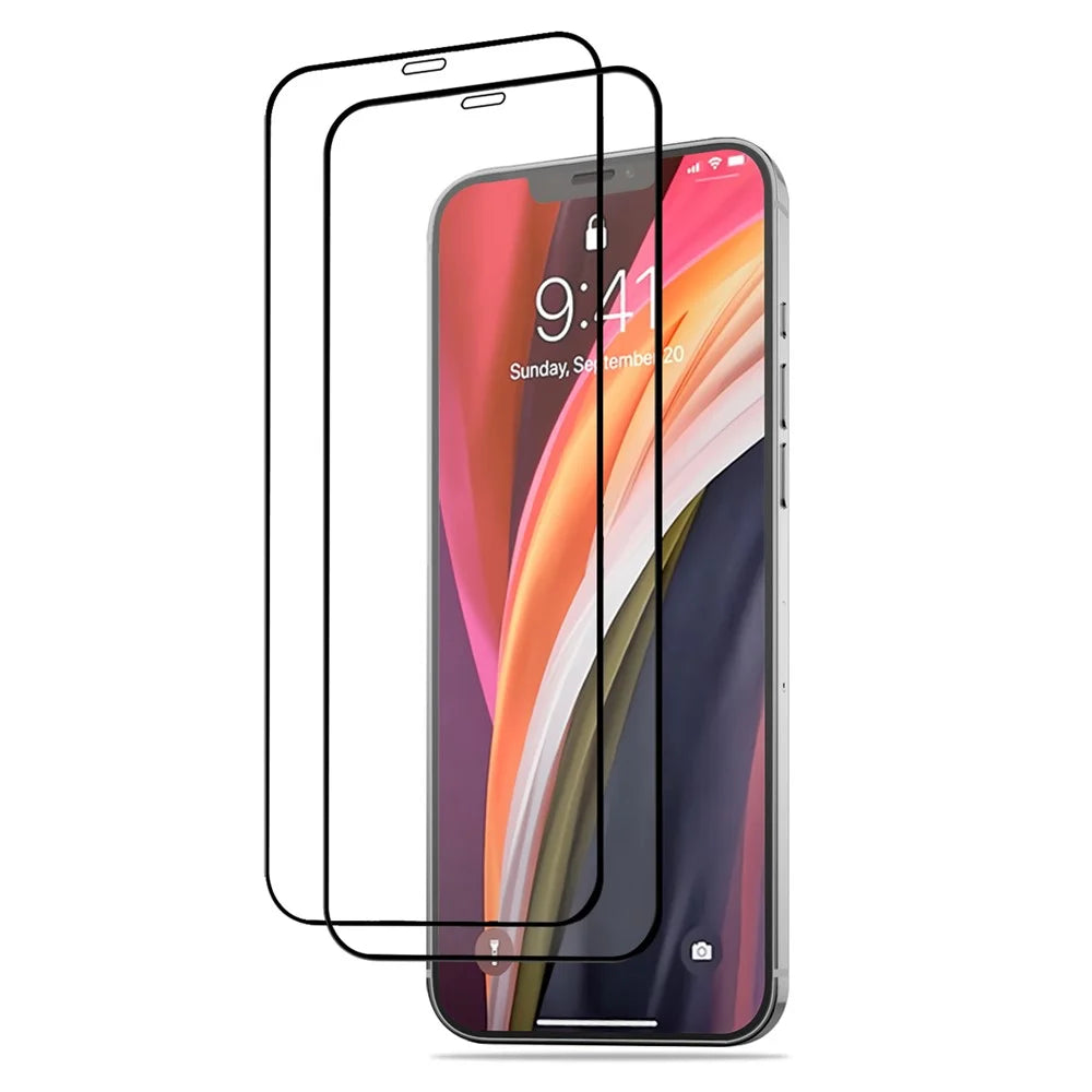 AMORUS 2Pcs Full Coverage Full Glue Clear Secondary Hardening Solid Defense Silk Printing Tempered Glass Film for iPhone 12 / 12 Pro 6.1 inch - Black - 1