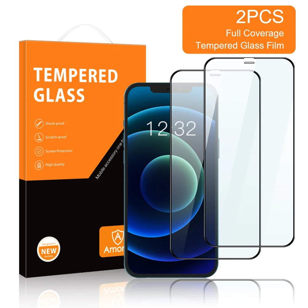 AMORUS 2Pcs Full Coverage Full Glue Clear Secondary Hardening Solid Defense Silk Printing Tempered Glass Film for iPhone 12 / 12 Pro 6.1 inch - Black - 2