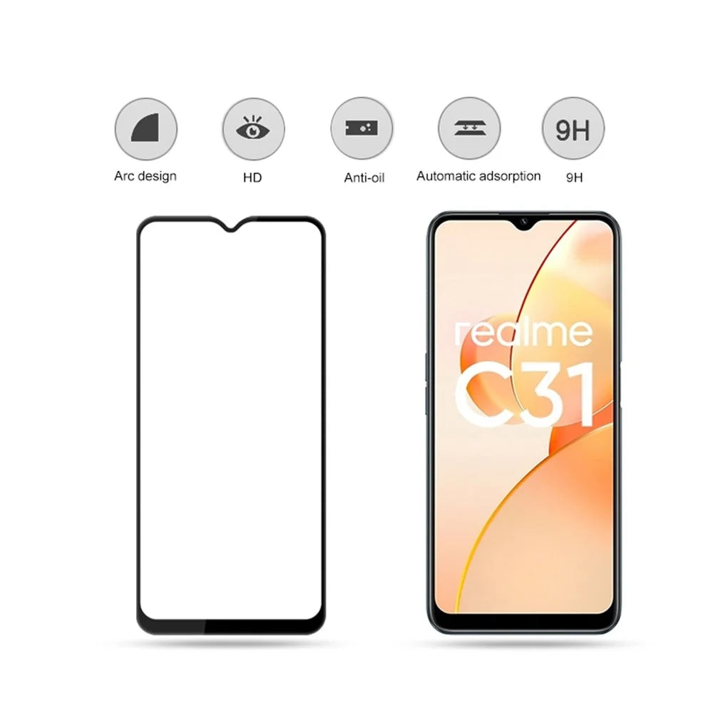 MOCOLO Complete Covering Screen Protector for Realme C31, Double Defense Full Glue Silk Printing Tempered Glass Clear Film - Black - 3