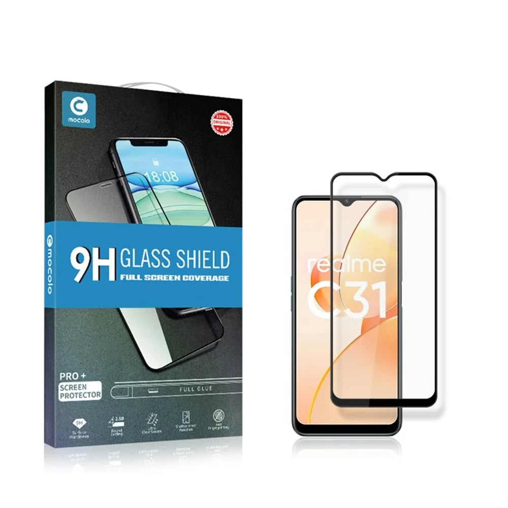 MOCOLO Complete Covering Screen Protector for Realme C31, Double Defense Full Glue Silk Printing Tempered Glass Clear Film - Black - 7