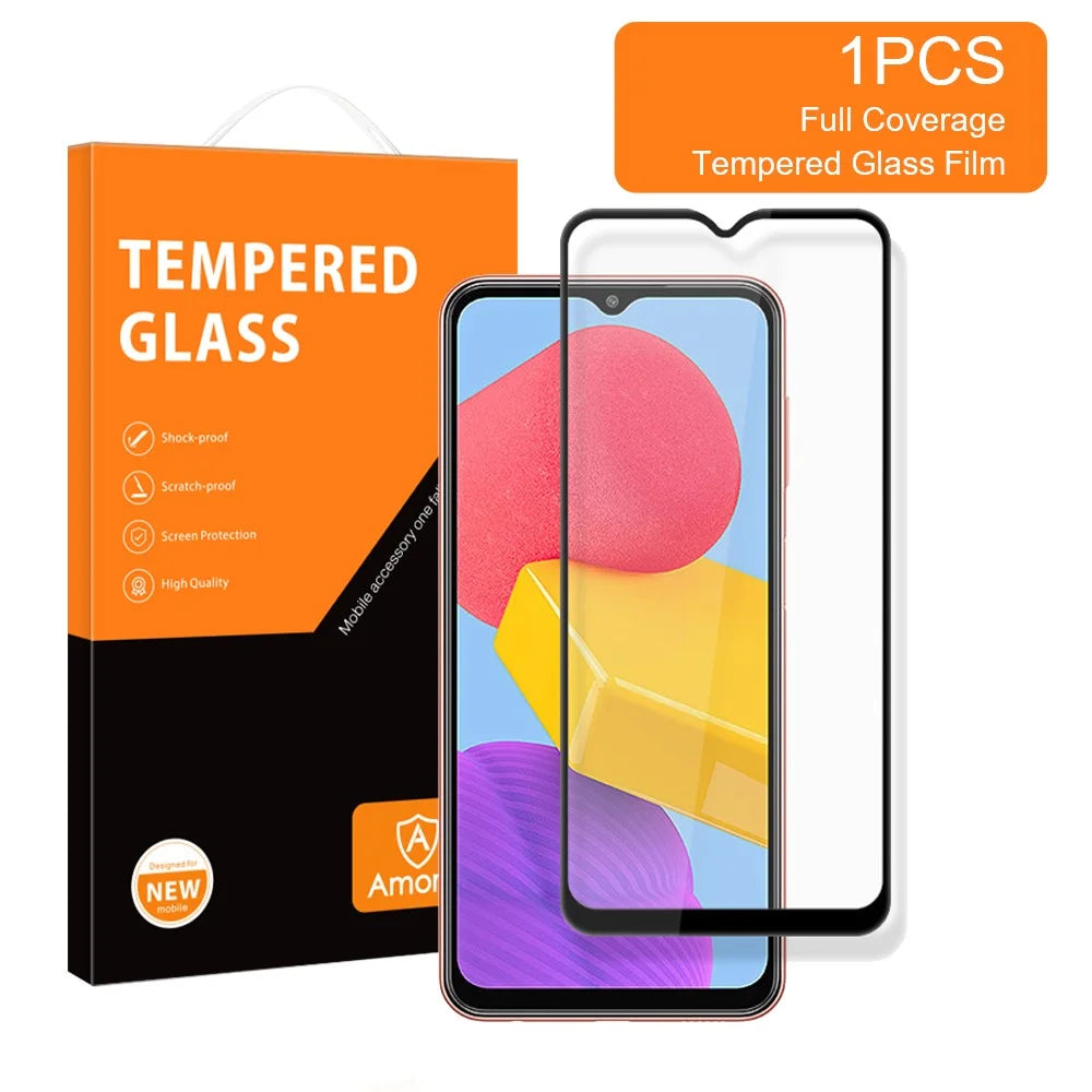 AMORUS for Samsung Galaxy M13 4G Full Coverage Silk Printing High Transparency Full Glue Anti-stains Secondary Strengthening Film Black Edge Tempered Glass Screen Protector - Black - 3