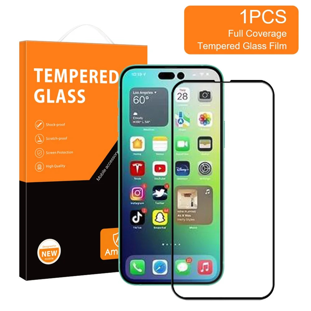 AMORUS Silk Printing Tempered Glass Film for iPhone 14 Pro 6.1 inch, Secondary Strengthening Full Glue Full Screen Protector - Black - 3