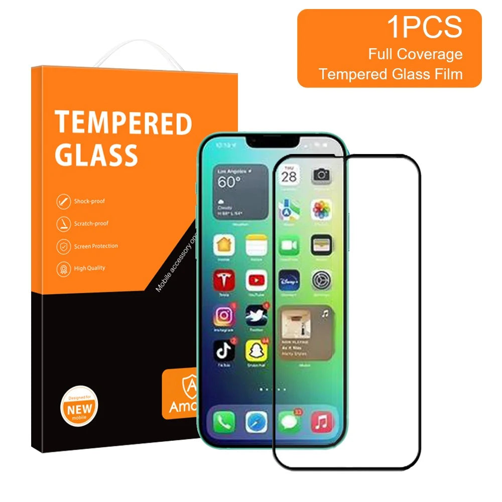 AMORUS Tempered Glass Full Screen Protector for iPhone 14 6.1 inch, Silk Printing Secondary Strengthening Full Glue Screen Cover Film - Black - 3