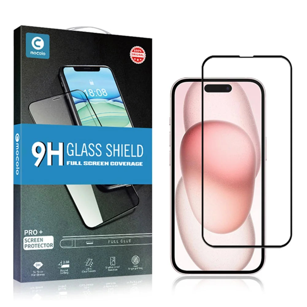 MOCOLO Tempered Glass Full Screen Protector for iPhone 15 , Silk Printing Secondary Hardening Film - Black - 6