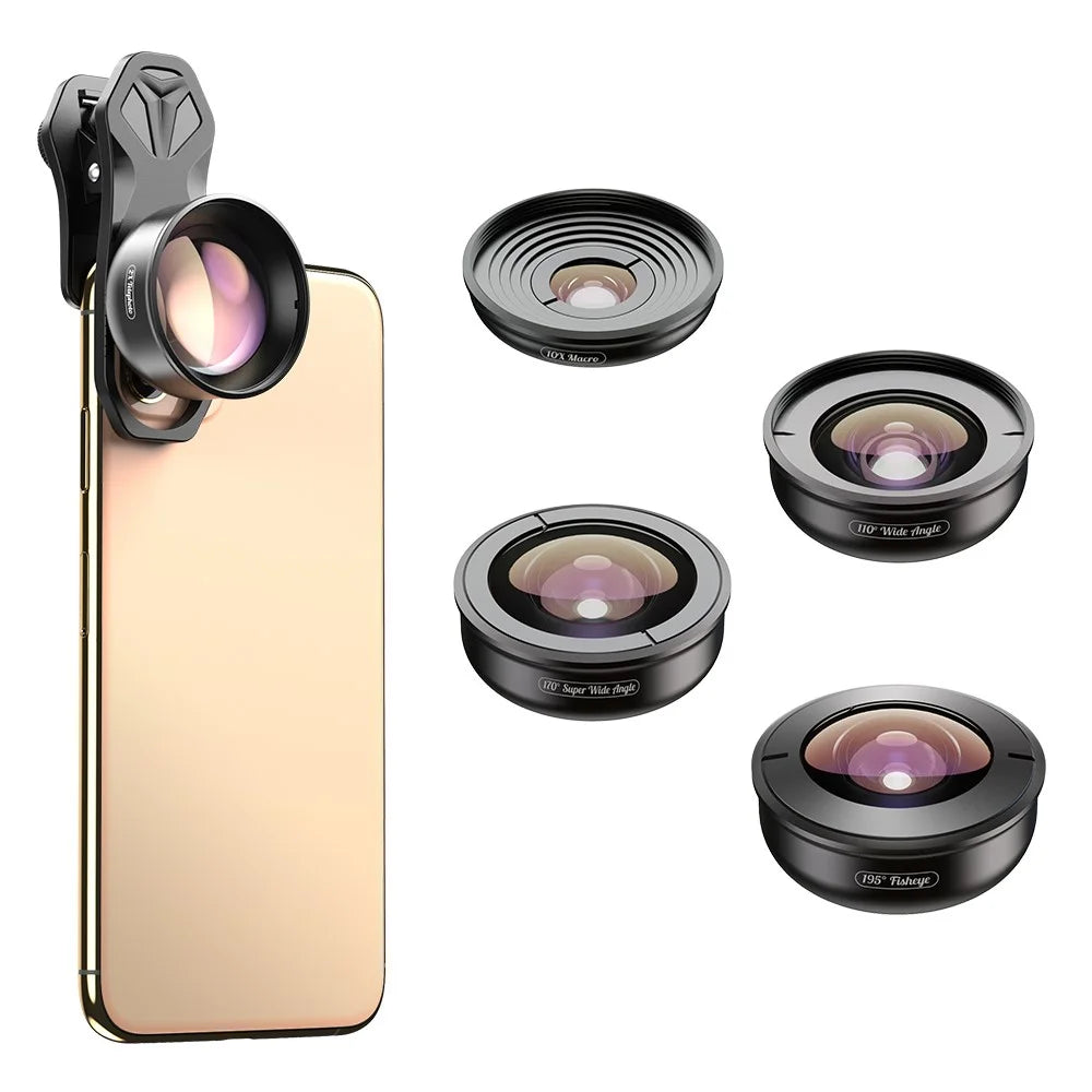 APEXEL 5 in 1 Cellphone Lens Kit 195° Fisheye Lens 110° Wide Angle Lens 10X Macro Lens 2X Telephoto Lens 170° Super Wide Angle Lens (APL-HB5IN1) - 1