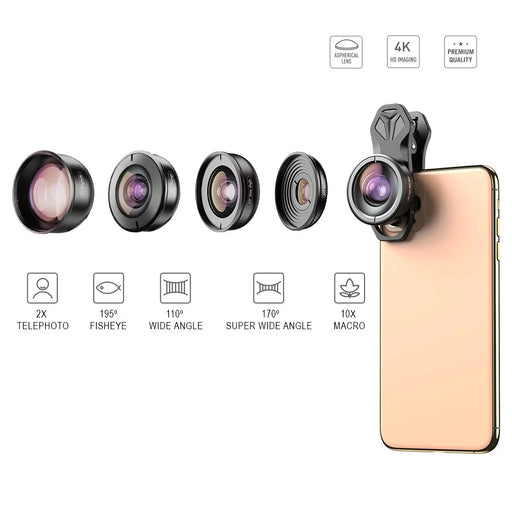 APEXEL 5 in 1 Cellphone Lens Kit 195° Fisheye Lens 110° Wide Angle Lens 10X Macro Lens 2X Telephoto Lens 170° Super Wide Angle Lens (APL-HB5IN1) - 2