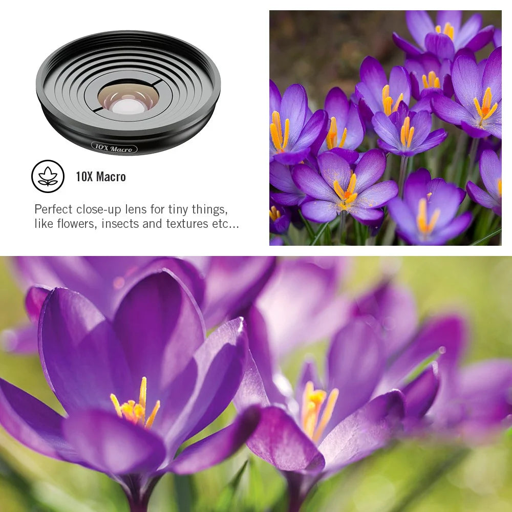 APEXEL 5 in 1 Cellphone Lens Kit 195° Fisheye Lens 110° Wide Angle Lens 10X Macro Lens 2X Telephoto Lens 170° Super Wide Angle Lens (APL-HB5IN1) - 3
