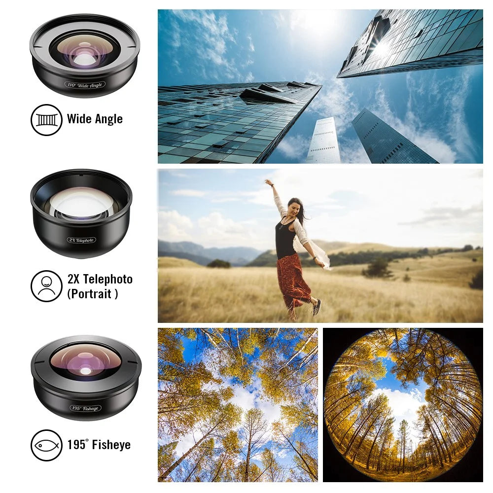 APEXEL 5 in 1 Cellphone Lens Kit 195° Fisheye Lens 110° Wide Angle Lens 10X Macro Lens 2X Telephoto Lens 170° Super Wide Angle Lens (APL-HB5IN1) - 5