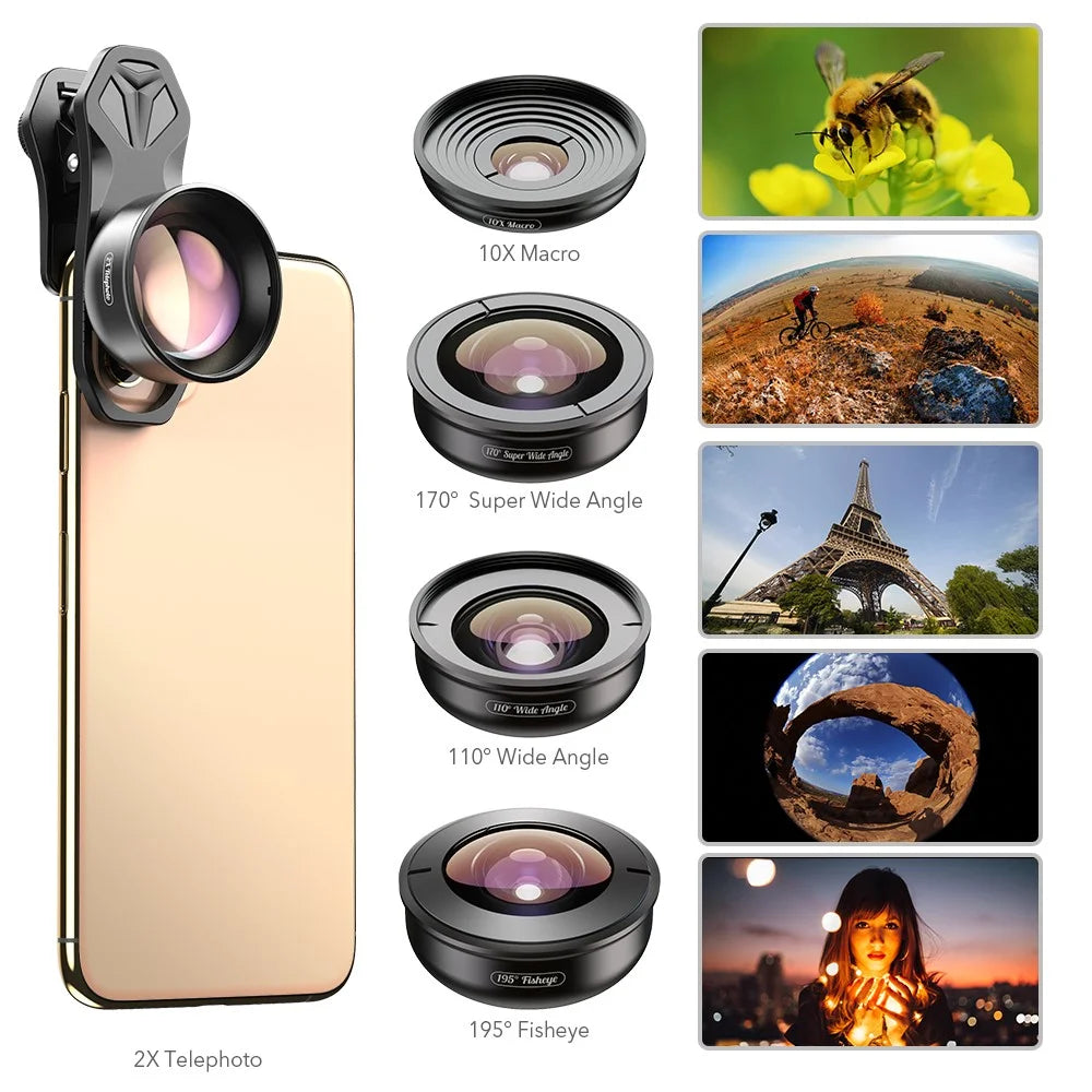 APEXEL 5 in 1 Cellphone Lens Kit 195° Fisheye Lens 110° Wide Angle Lens 10X Macro Lens 2X Telephoto Lens 170° Super Wide Angle Lens (APL-HB5IN1) - 6