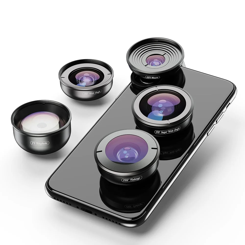 APEXEL 5 in 1 Cellphone Lens Kit 195° Fisheye Lens 110° Wide Angle Lens 10X Macro Lens 2X Telephoto Lens 170° Super Wide Angle Lens (APL-HB5IN1) - 7