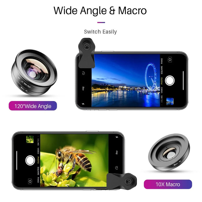 APEXEL APL-HB2IN1WM Phone Lens 2 in 1 Clip-on 10X Macro Lens + 120° Wide Angle Lens Kit - 6
