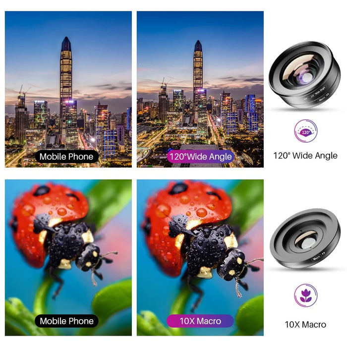 APEXEL APL-HB2IN1WM Phone Lens 2 in 1 Clip-on 10X Macro Lens + 120° Wide Angle Lens Kit - 7