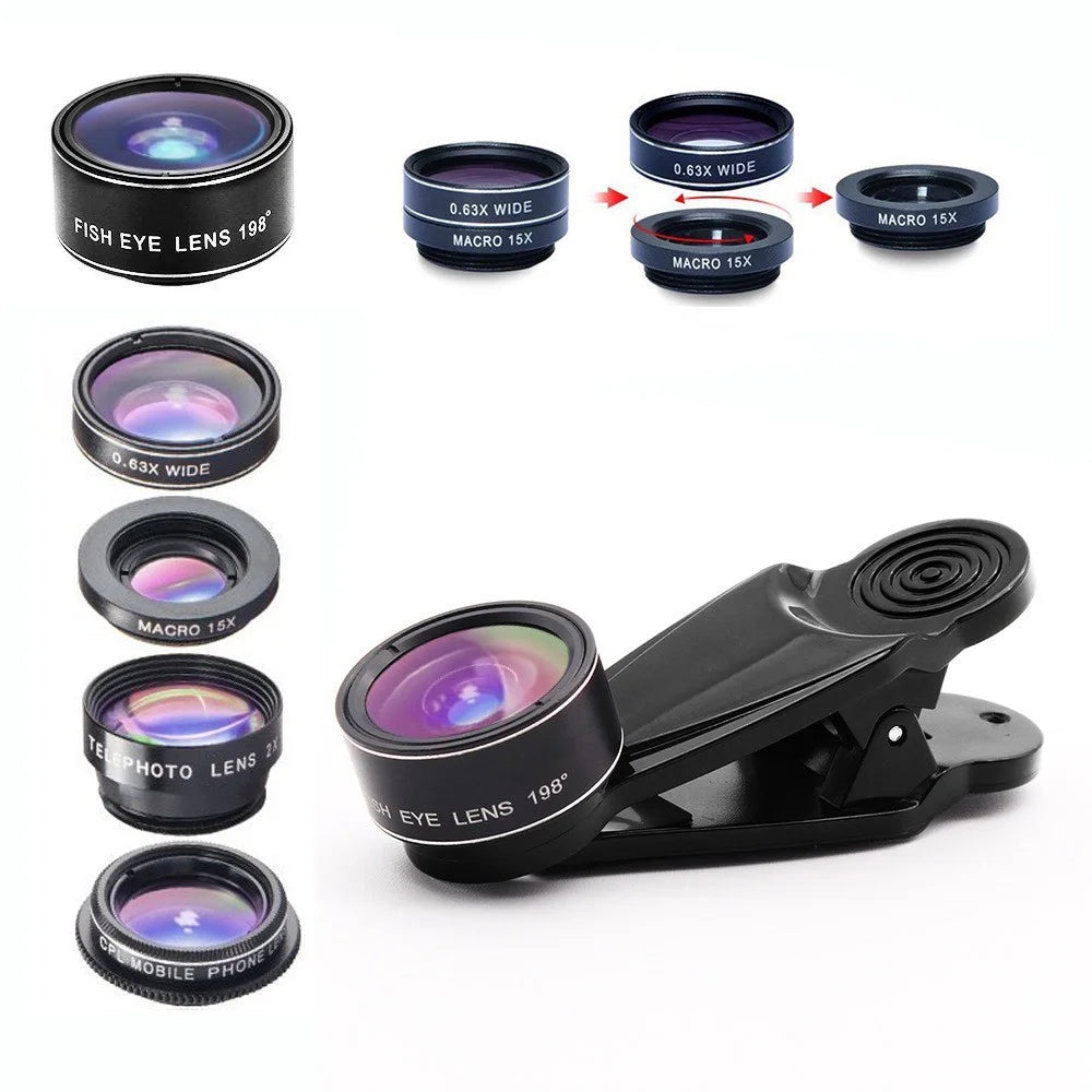 Cell Phone Camera Lens Kit, 5 in 1 Universal Telephoto Lens, 2X Portrait Lens + 0.63X Wide Angle Lens + 15X Macro Lens + 198° Fish Eye Lens + CPL Polarizer - 1
