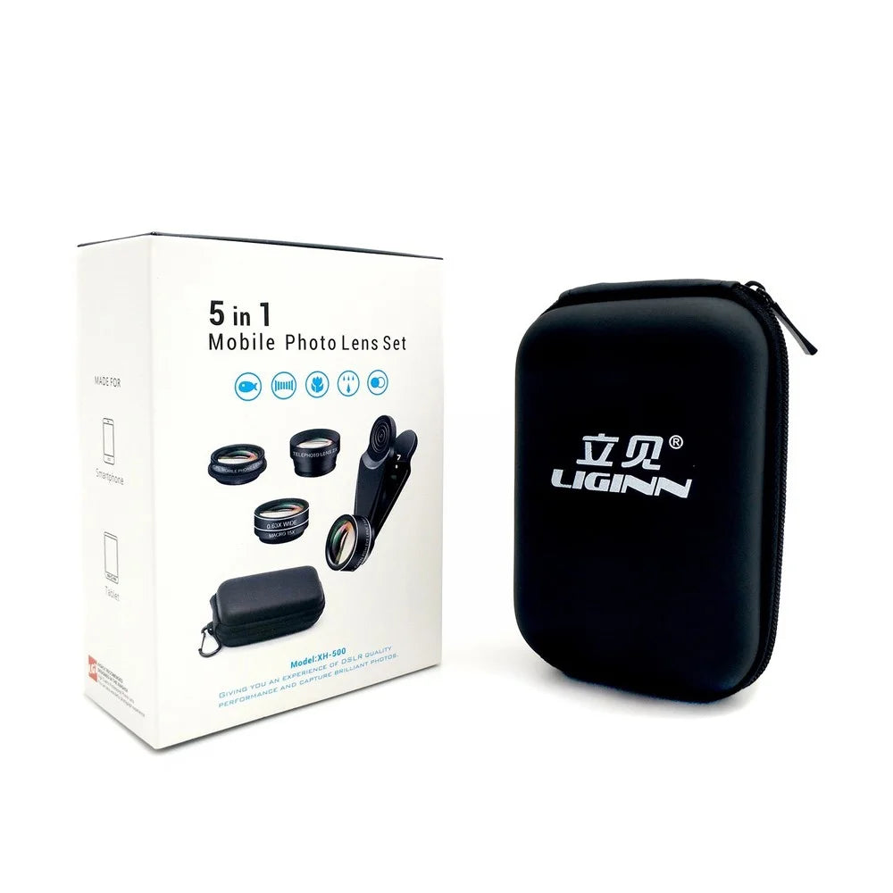 Cell Phone Camera Lens Kit, 5 in 1 Universal Telephoto Lens, 2X Portrait Lens + 0.63X Wide Angle Lens + 15X Macro Lens + 198° Fish Eye Lens + CPL Polarizer - 4