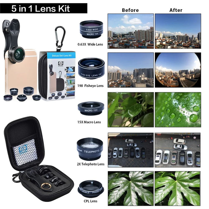 APEXEL APL-DG5-H 5-in-1 Fisheye Wide Angle Macro Telephoto CPL Lens Mobile Phone Mini Camera Lens - 2