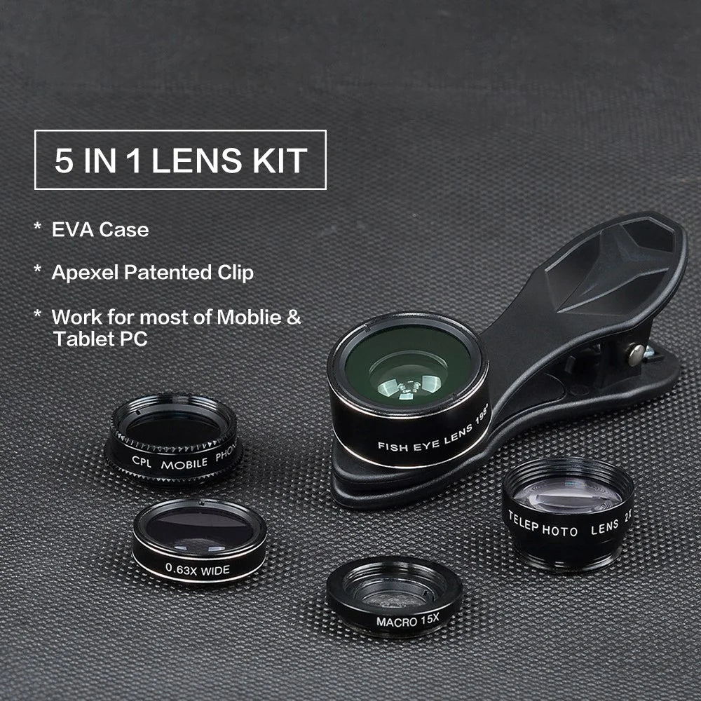 APEXEL APL-DG5-H 5-in-1 Fisheye Wide Angle Macro Telephoto CPL Lens Mobile Phone Mini Camera Lens - 6