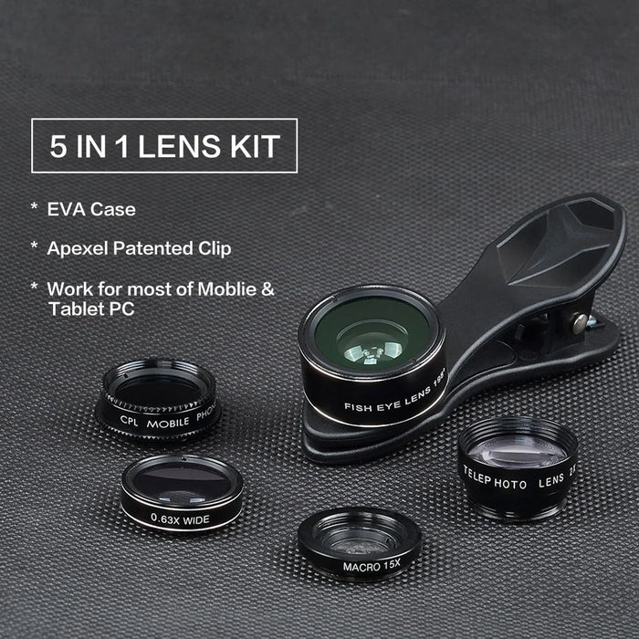 APEXEL APL-DG5-H 5-in-1 Fisheye Wide Angle Macro Telephoto CPL Lens Mobile Phone Mini Camera Lens - 6
