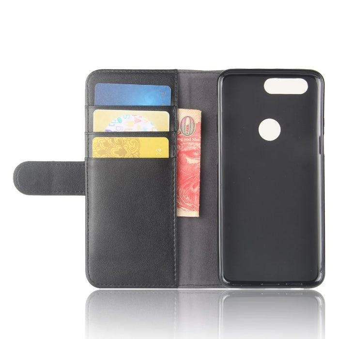 Genuine Split Leather Wallet Moble Phone Case with Stand for OnePlus 5T - Black - 4