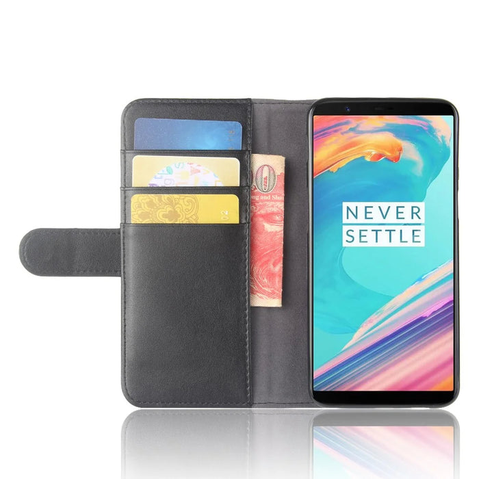 Genuine Split Leather Wallet Moble Phone Case with Stand for OnePlus 5T - Black - 5