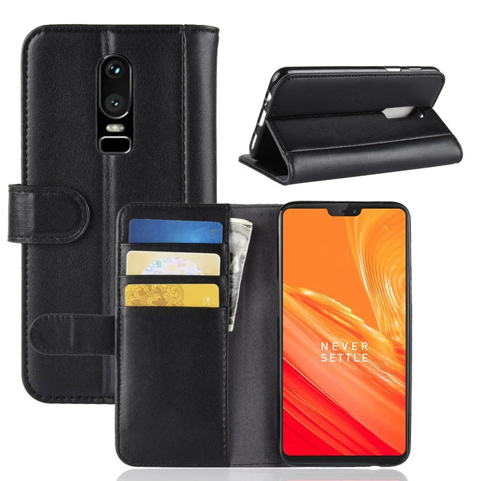 Genuine Leather Wallet Stand Mobile Phone Cover for OnePlus 6 - Black - 1