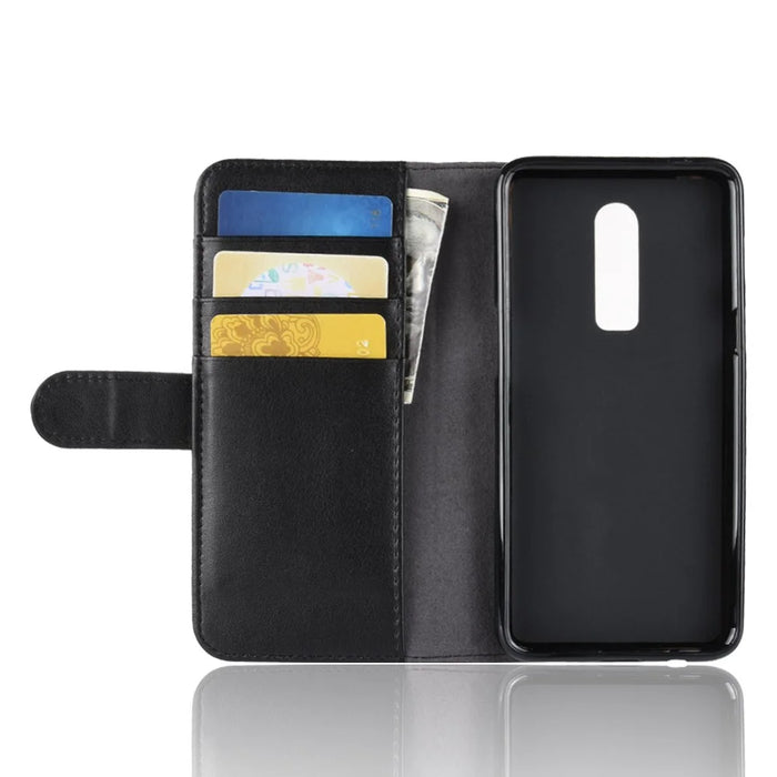 Genuine Leather Wallet Stand Mobile Phone Cover for OnePlus 6 - Black - 5