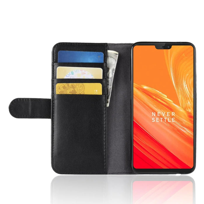 Genuine Leather Wallet Stand Mobile Phone Cover for OnePlus 6 - Black - 6