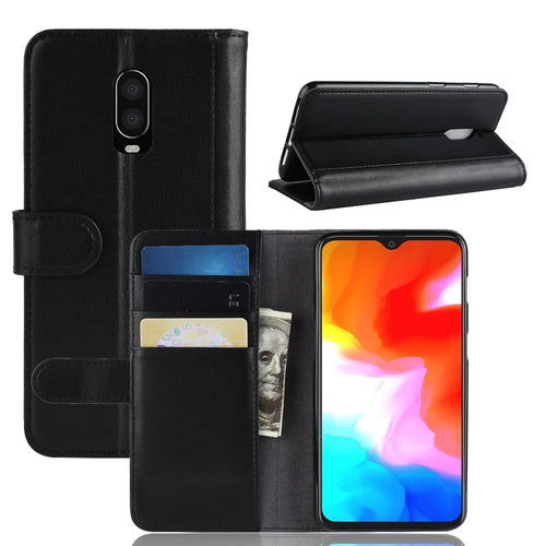 For OnePlus 6T Phone Cases Genuine Split Leather Wallet Mobile Cover Stand - Black - 1