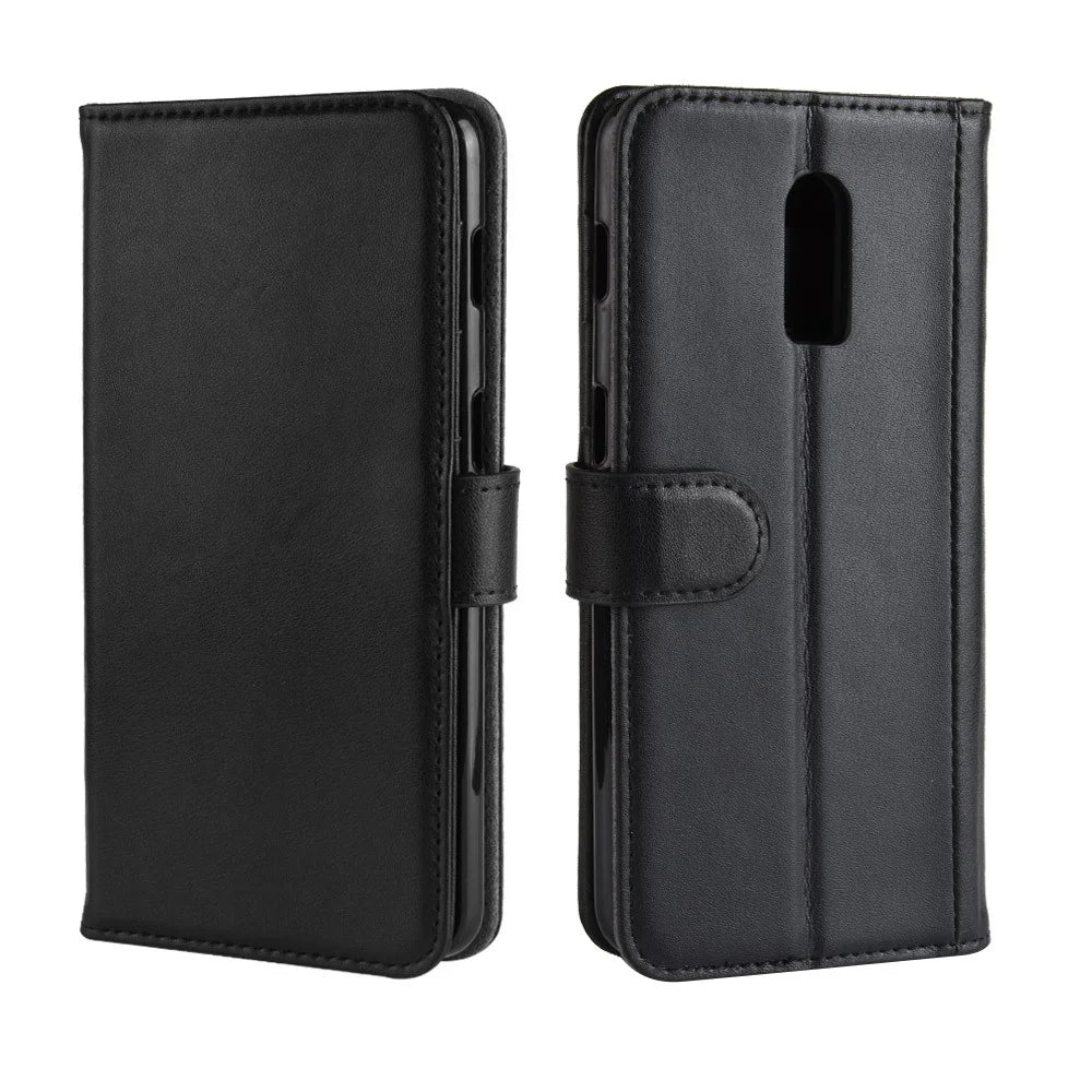 For OnePlus 6T Phone Cases Genuine Split Leather Wallet Mobile Cover Stand - Black - 2