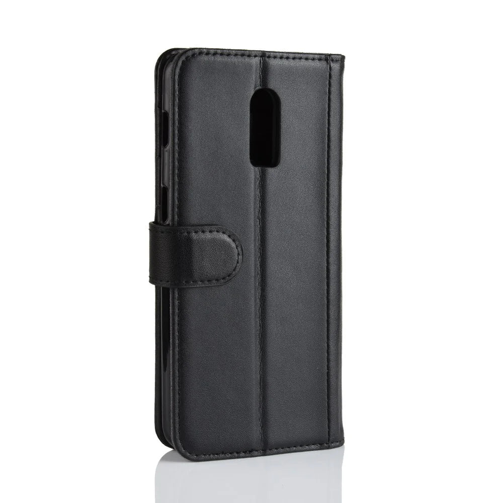 For OnePlus 6T Phone Cases Genuine Split Leather Wallet Mobile Cover Stand - Black - 4