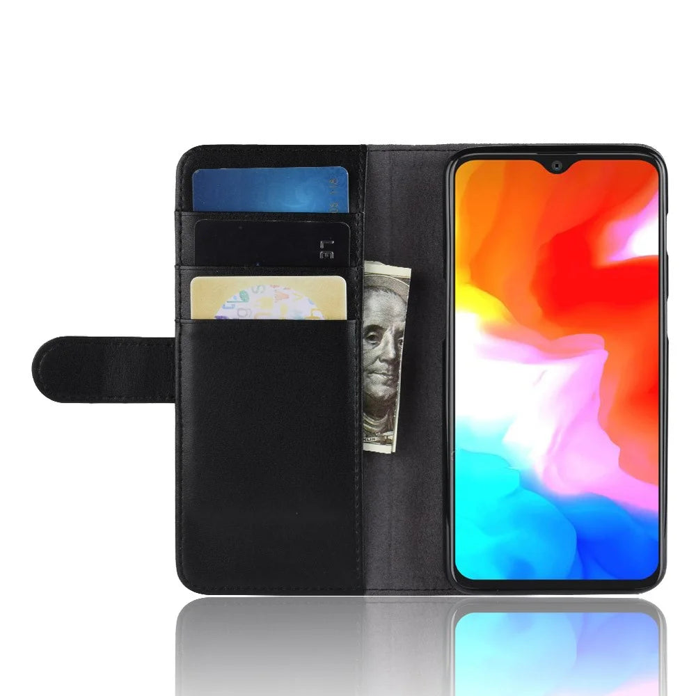 For OnePlus 6T Phone Cases Genuine Split Leather Wallet Mobile Cover Stand - Black - 5
