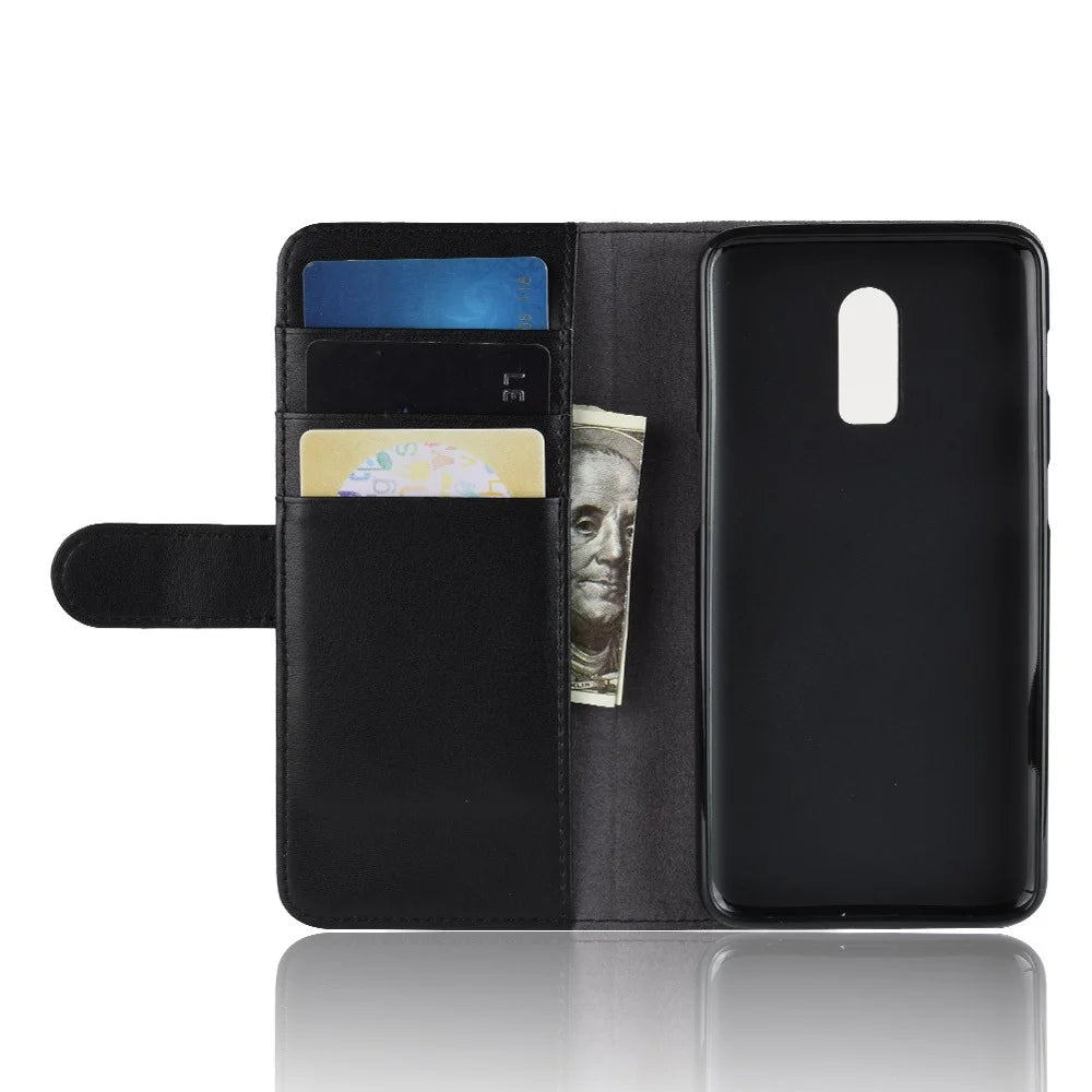 For OnePlus 6T Phone Cases Genuine Split Leather Wallet Mobile Cover Stand - Black - 6