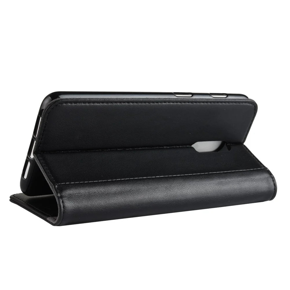 For OnePlus 6T Phone Cases Genuine Split Leather Wallet Mobile Cover Stand - Black - 7