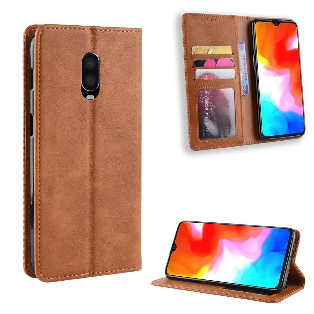 Vintage Style Leather Wallet Case for OnePlus 6T - Brown - 1
