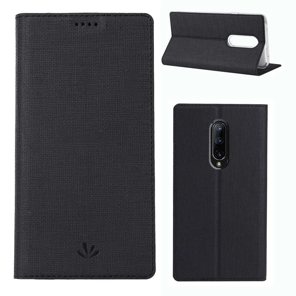 VILI DMX Cross Texture Card Holder Leather Stand Cover for OnePlus 7 Pro - Black - 1