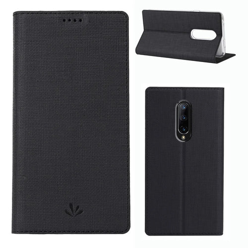 VILI DMX Cross Texture Card Holder Leather Stand Cover for OnePlus 7 Pro - Black - 1