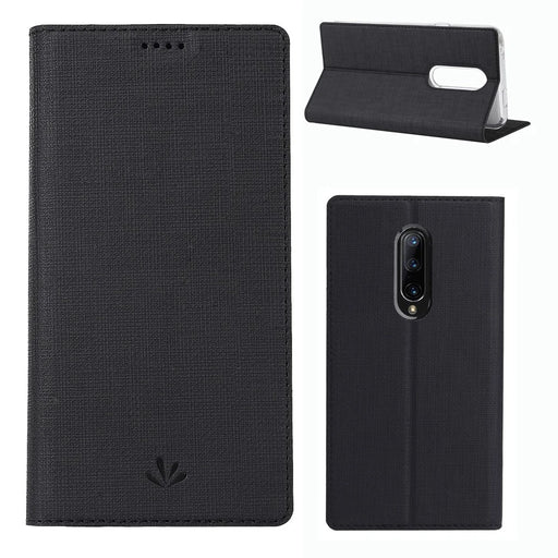 VILI DMX Cross Texture Card Holder Leather Stand Cover for OnePlus 7 Pro - Black - 1