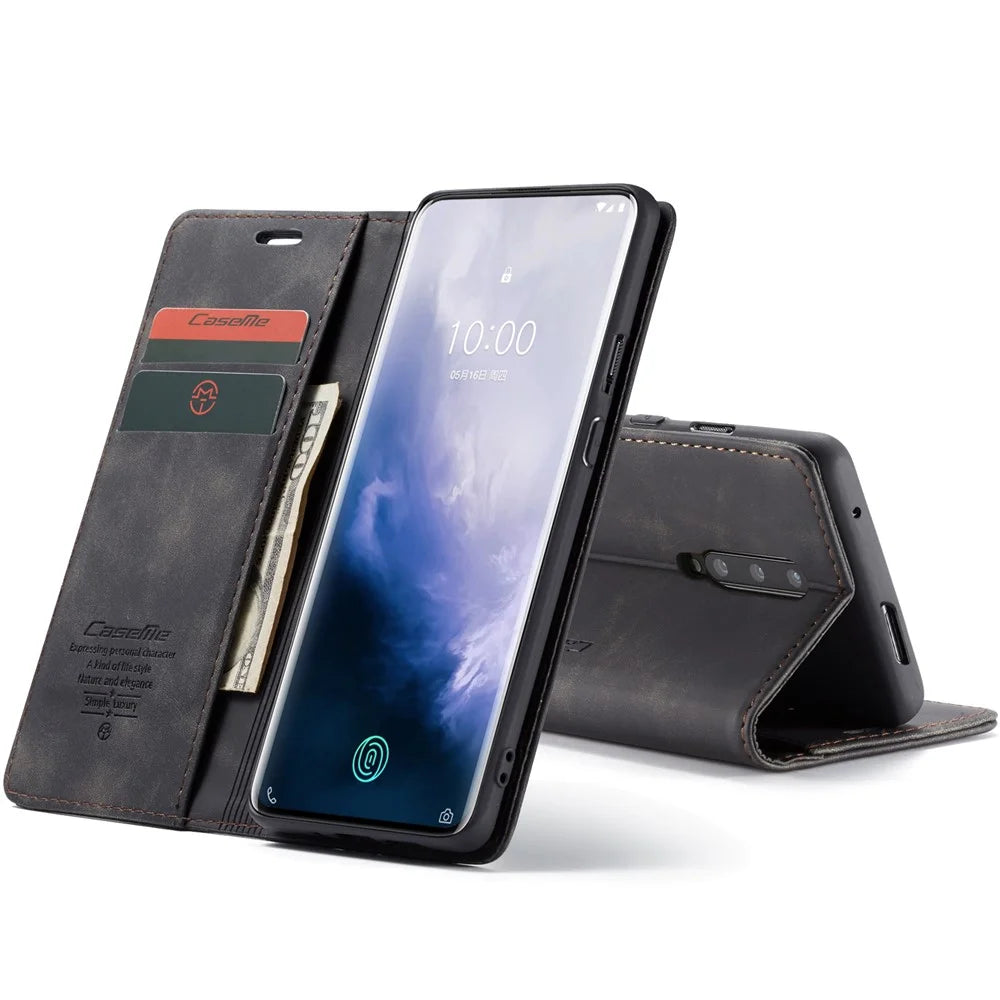 CASEME 013 Series for OnePlus 7 Pro Auto-absorbed Wallet Stand PU Leather Phone Cover - Black - 3