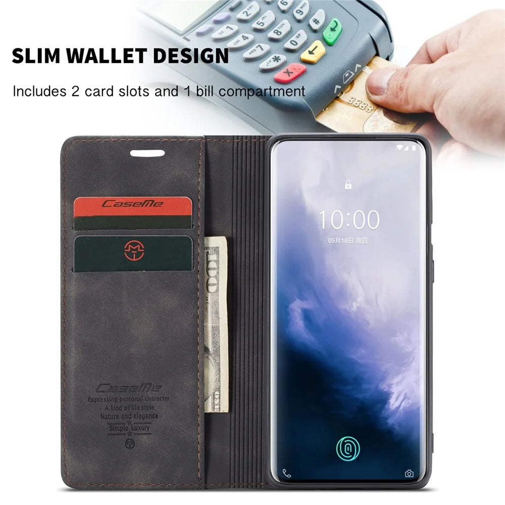 CASEME 013 Series for OnePlus 7 Pro Auto-absorbed Wallet Stand PU Leather Phone Cover - Black - 4