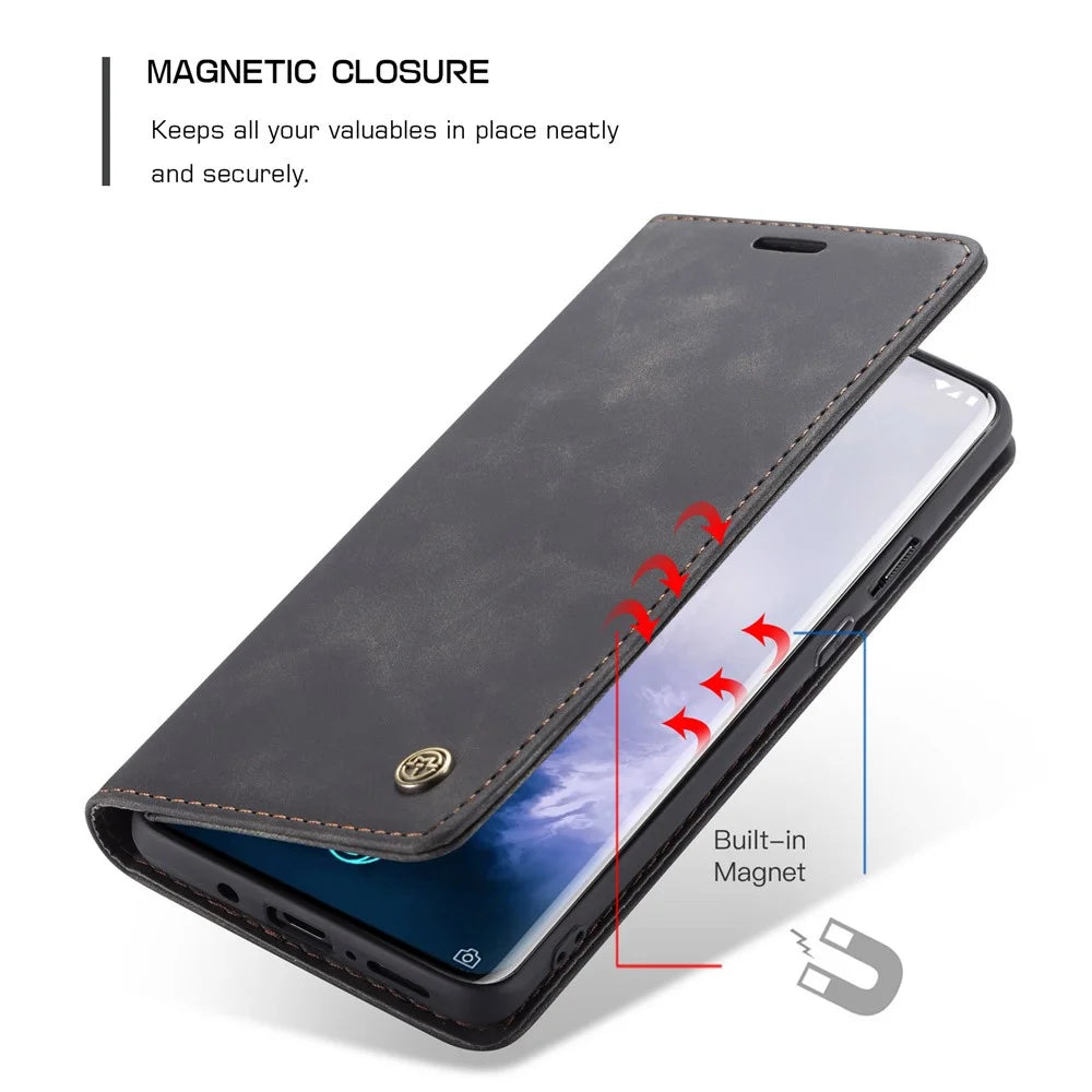 CASEME 013 Series for OnePlus 7 Pro Auto-absorbed Wallet Stand PU Leather Phone Cover - Black - 5