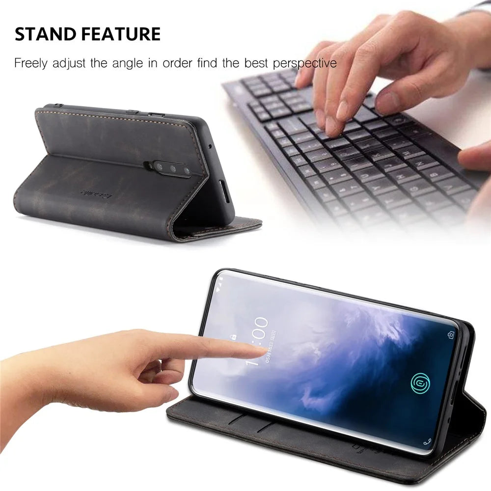 CASEME 013 Series for OnePlus 7 Pro Auto-absorbed Wallet Stand PU Leather Phone Cover - Black - 6