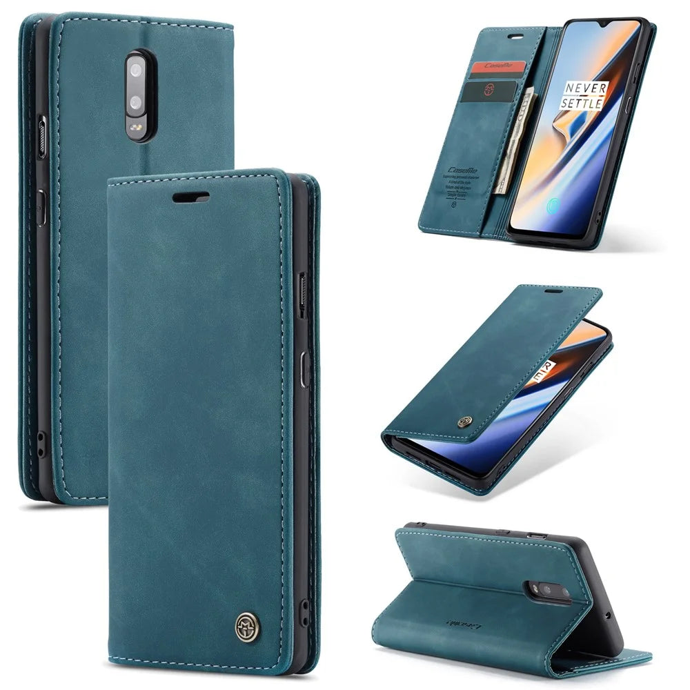 CASEME 013 Series Auto-absorbed Leather Flip Wallet Case for OnePlus 7 - Blue - 1