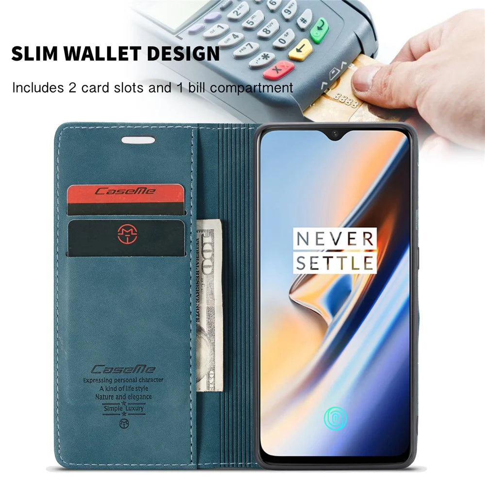 CASEME 013 Series Auto-absorbed Leather Flip Wallet Case for OnePlus 7 - Blue - 4