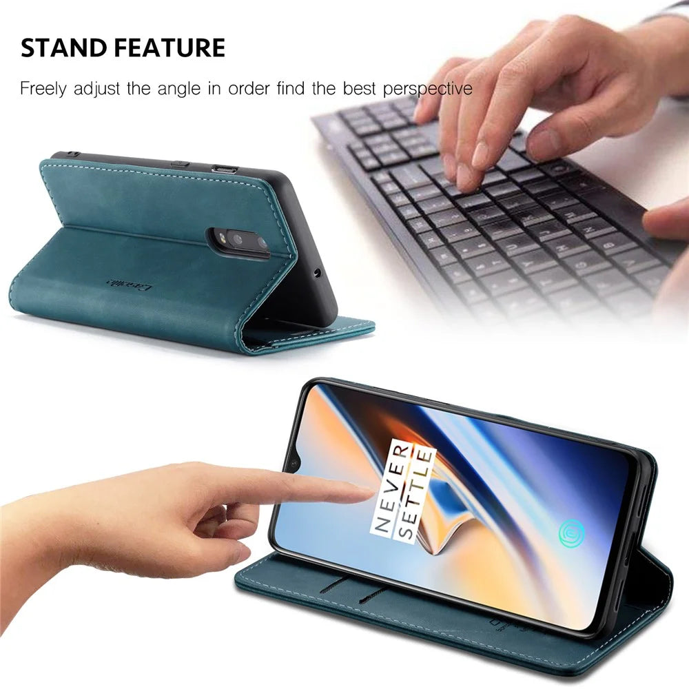 CASEME 013 Series Auto-absorbed Leather Flip Wallet Case for OnePlus 7 - Blue - 6