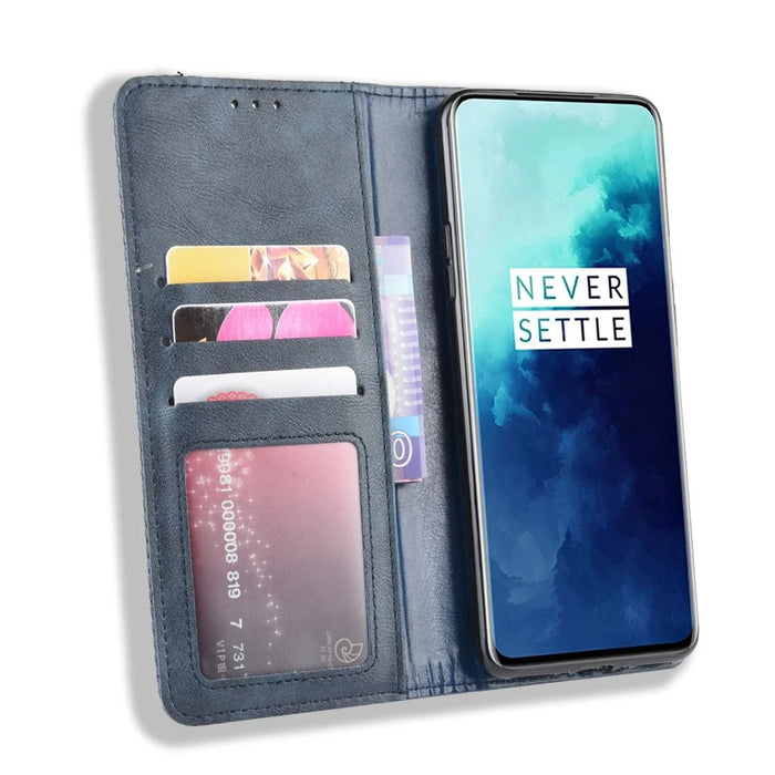 Retro Style Auto-absorbed Leather Casing Phone Shell for OnePlus 7T Pro - Blue - 4